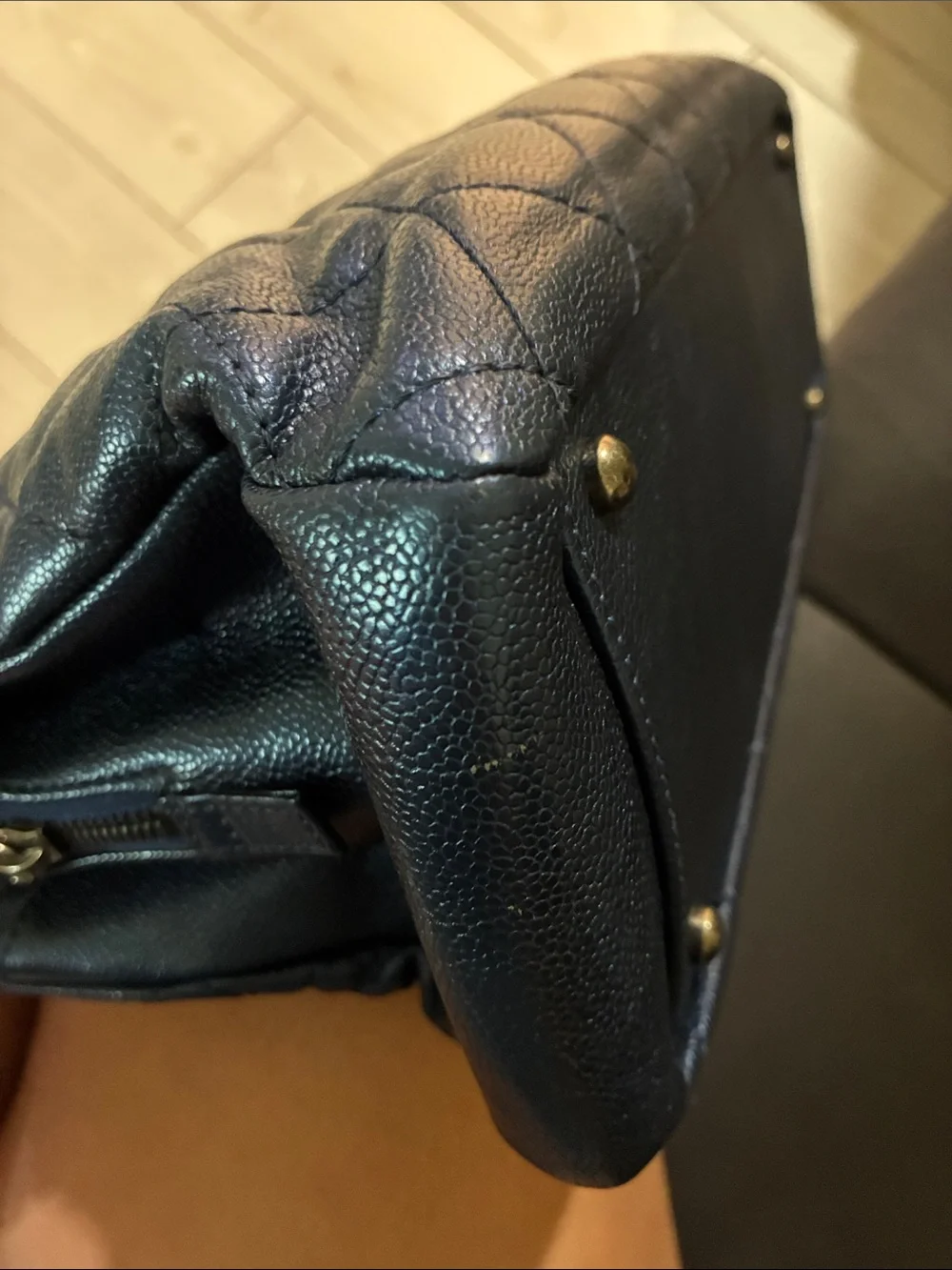 CHANEL Quilted Navy Leather Shoulder Bag with silver CC Charm